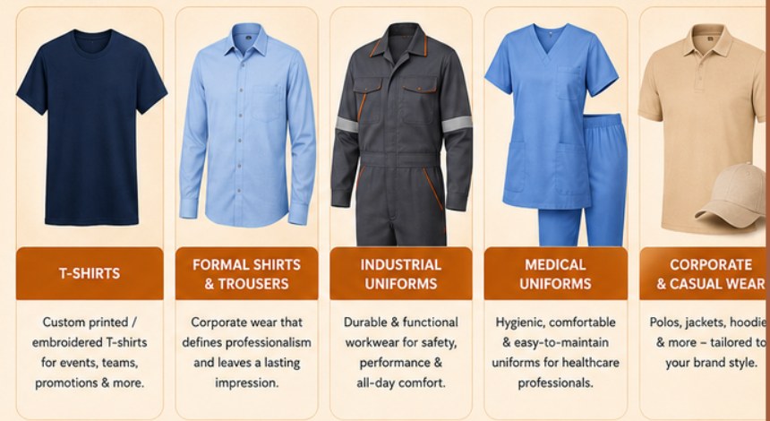T-shirts, shirts, industrial uniforms, medical uniforms, and corporate wear