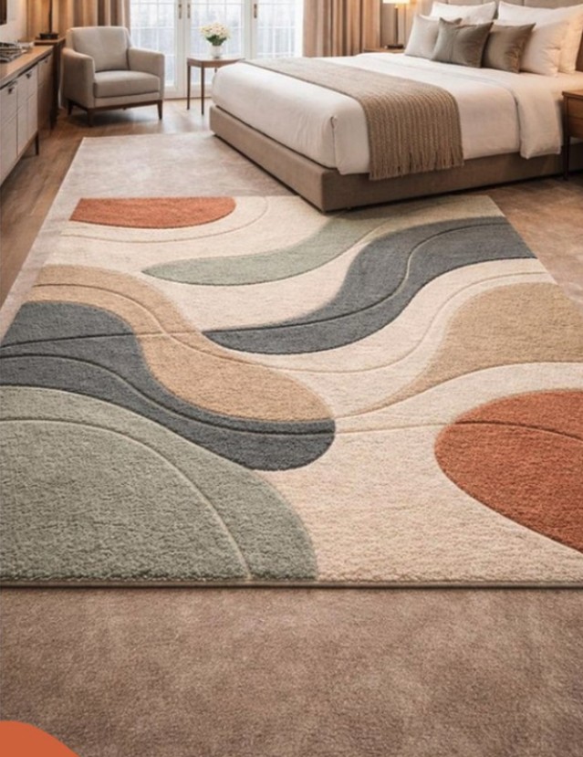 Modern patterned rug in a bright bedroom